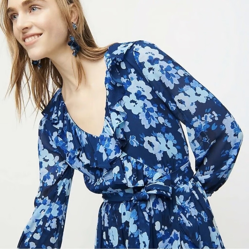 J Crew blue floral ruffled vneck dress with side zip and belt! Woman’s size 10
